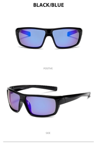 Close-up of polarized cycling sunglasses with black frame and blue mirrored lenses