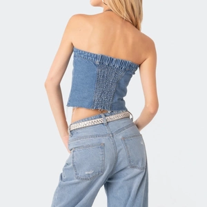 Top corset en jean sexy bleu clair avec design dos plissé élastique ajusté
