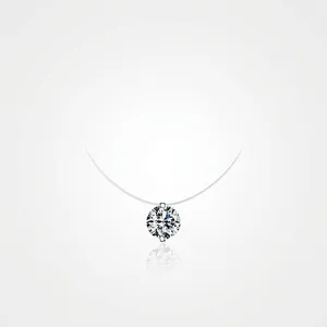 Collier Pendentif Solitaire Invisible Argent Sterling 925 Ligne De Pêche Transparente Zircone Ronde Pour Femmes