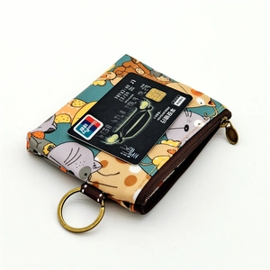 Waterproof cartoon coin purse with cute cat prints and bronze zipper closure