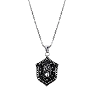 Vintage Viking Celtic wolf shield pendant necklace in retro silver stainless steel finish