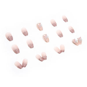 Pink gradient coffin fake nails with 3D butterflies, pearls, and glitter finish