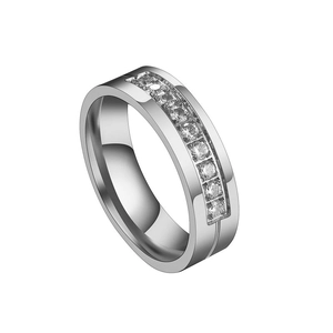 Macro view of silver titanium steel ring with channel set cubic zirconia stones