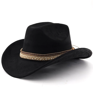 Detail of black suede cowboy hat with layered pearl and braided ethnic decorative band