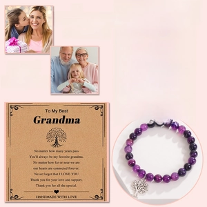Pink zebra stone bracelet with tree of life charm and Nana gift card in lifestyle scenes