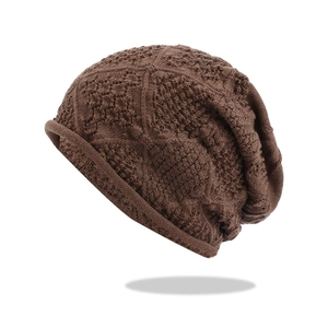 Dark brown hollow knit beanie with vintage diamond pattern and rolled edge for women