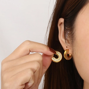 18k gold plated stainless steel C-shaped chunky hoop earrings with sparkling zircons