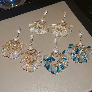 Elegant silver needle tassel earrings with zircon pearls in three assorted colors