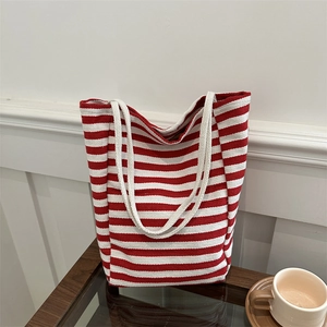 Women Canvas Tote Bag Striped Pattern Large Capacity Double Handle Shoulder Bag For Casual Daily Commute