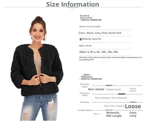 Detail view of black faux fur jacket sizing chart with a professional model fit guide