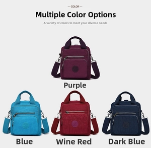 Vue détaillée de sacs à main en nylon en quatre couleurs avec compartiments zippés