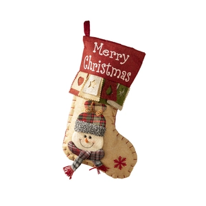Christmas stocking with snowman doll and Merry Christmas embroidery for holiday gift bags