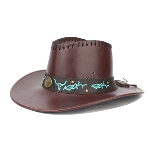 Brauner Western-Cowboyhut mit besticktem Stierkopfband und goldener Metallplakette