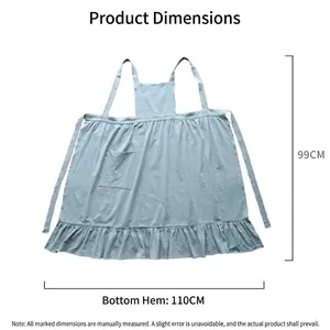 Vintage light blue ruffled cotton apron with wide straps and large front pocket