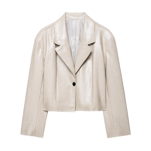 Schicke beige Kunstleder-Kurzjacke mit Reverskragen und Einknopf-Verschluss