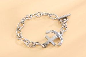 Detail of silver anchor pendant with twisted link chain and secure OT toggle clasp