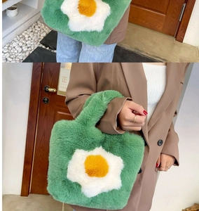 Detail of green plush tote bag featuring a fluffy faux fur texture and daisy motif