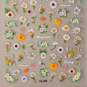 3D embossed daisy nail stickers with rhinestones and floral Marguerite designs