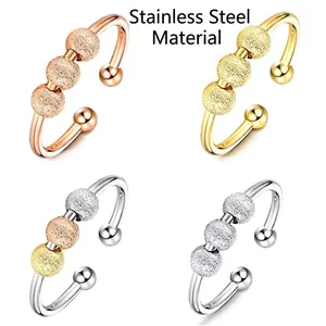 Anxiety Relief Spinner Ring Stainless Steel And Copper Rotatable Frosted Beads Adjustable Open Band Jewelry For Women Men