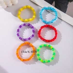 Detailed display of six colorful star acrylic beaded elastic bracelets in various vibrant tones