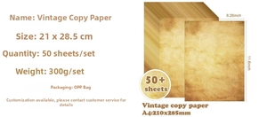 Detail view of 50 sheets of A4 vintage material paper with distressed yellow aesthetic