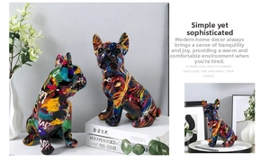Close-up of graffiti art French Bulldog resin figurines with vibrant pop art patterns