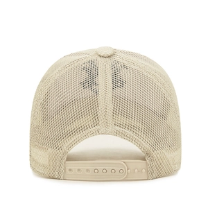 Rear view of a beige five-panel trucker hat with breathable mesh and snapback closure