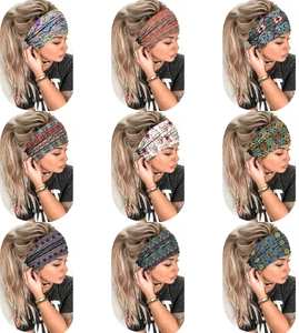 Collage of wide elastic headbands with nine colorful bohemian and floral patterns