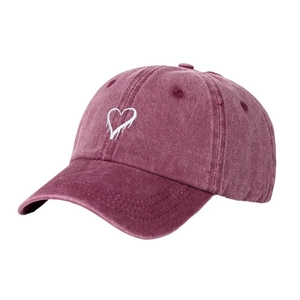 Burgundy washed cotton baseball cap with white heart embroidery and curved brim