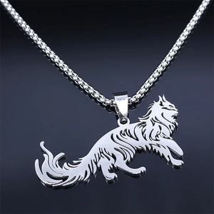 Detailed close-up of a silver stainless steel wolf pendant on a sturdy box chain necklace
