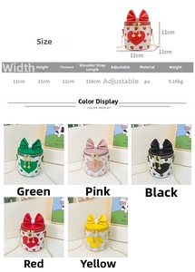 Detailed size guide and multi-color options for children heart print bucket bag