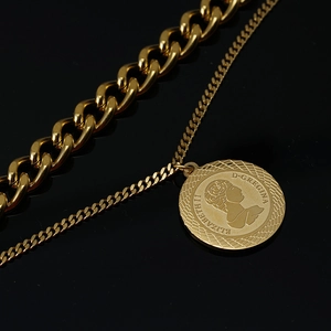 Double-layered 18K gold plated stainless steel Cuban chain bracelet with Queen Elizabeth coin