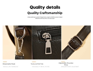 Detail view of durable silver hooks and metal zippers on a brown faux leather tote bag