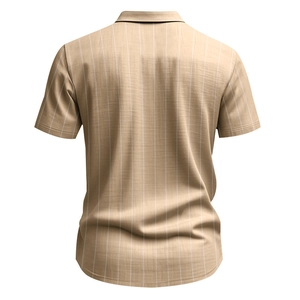 Detail view of khaki striped short sleeve shirt back showing vertical fine line texture