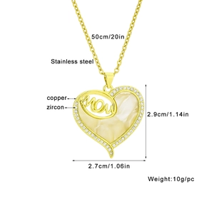 Detail view of Mom heart necklace dimensions 2.9x2.7cm and stainless steel materials