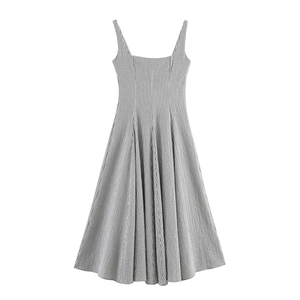 Elegant French style plaid sleeveless maxi dress with slim waist and A-line silhouette