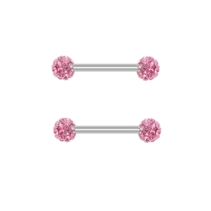 Détails des sphères pavées de cristaux roses sur barbells droits en acier inoxydable
