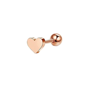 Close-up of rose gold hollow heart stud earring with screw back on white background