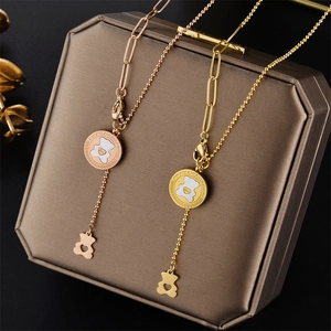 Titanium Steel Bear Pendant Necklace For Women Hip Hop Hollow Heart Love Letter Charm Curb Chain Neck Jewelry Daily Accessory