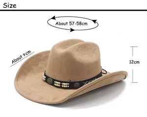 Detailed size chart for Western cowboy hat showing 58cm circumference and 9cm brim