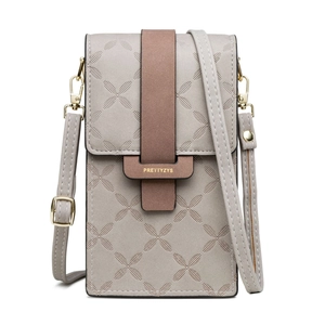 Detail of light grey textured phone bag with brown strap and gold metal hardware