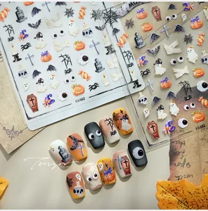 Detail of KX482 Halloween nail stickers with ghost, pumpkin and bat patterns