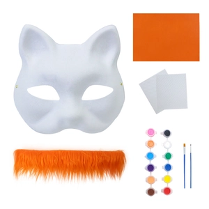DIY Halloween white pulp cat mask kit with 12 colors paint and decorative orange faux fur