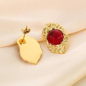 French vintage 18K gold-plated irregular metal earrings with red opal-style stones