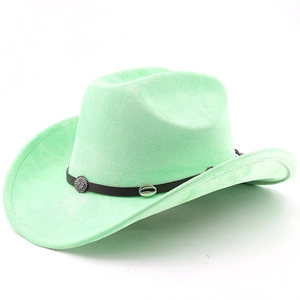 Detail of mint green cowboy hat with vintage brown band and sunflower metal accents