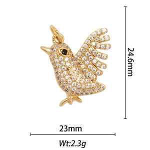 Macro detail of bird pendant with clear zircons and dimensions: 24.6mm x 23mm, 2.3g