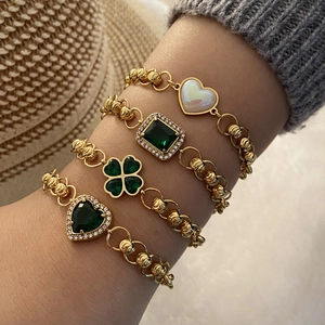 Emerald Green Heart Square Clover Stainless Steel Bracelet For Women Adjustable Fashion Elegant Jewelry