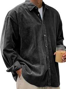 Men's dark gray corduroy long sleeve warm shirt with a relaxed fit and cozy texture