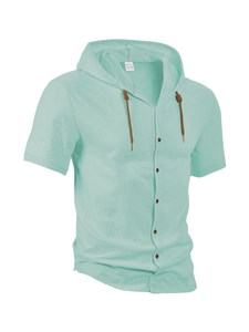 Close-up of the size label and drawstring detail on the mint green cotton hooded shirt