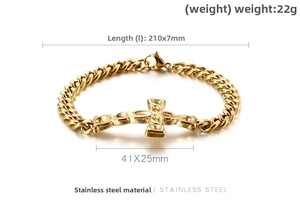 Detailed view of a gold-plated stainless steel Cuban link bracelet with cross design